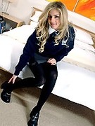 Big tit UK model Julia Crown in college uniform sexy opaque pantyhose and heels