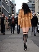 Sexy secretary in pantyhose and high heels flashing outdoor in public