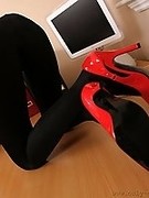 Opaque black tights all black secretary outfit and bright red heels