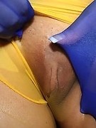 Busty teen rubs her pantyhosed pussy in the bathroom